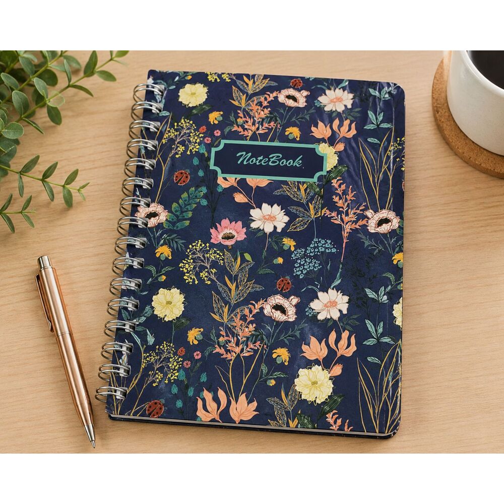 New Floral Spiral Notebook Journal Navy Wildflower Ladybug Design Sealed
